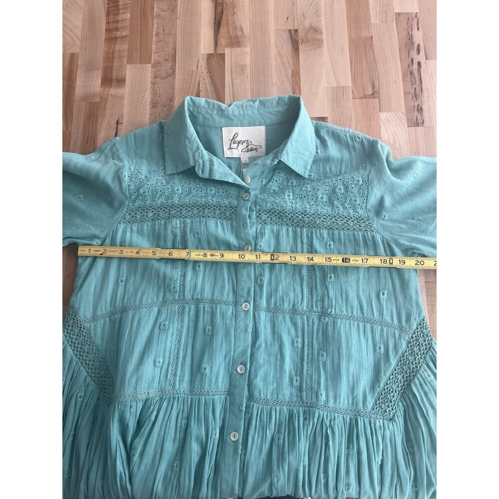 Layerz NWT 100% Cotton Collared Shirt Dress Flowy Gauzy Eyelet Seafoam Green M - Picture 10 of 12